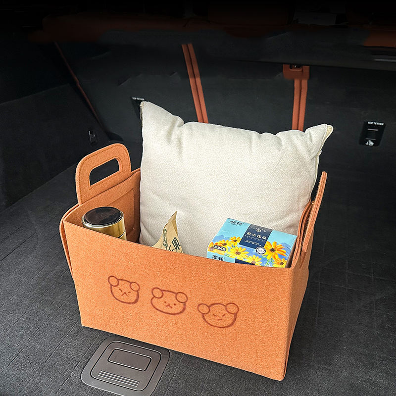 Svena Bear-Embroidered Foldable Felt Storage Bin - Multipurpose Fabric Organizer Basket for Home, Office, and Car Trunk, Durable Collapsible Storage Box with Handles