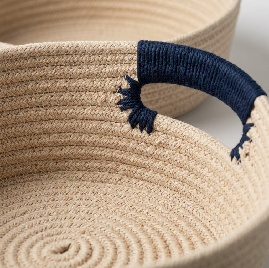 Svena Loomcarry Cotton Rope Storage Basket 16 x 14 in Sand Navy - Detail view