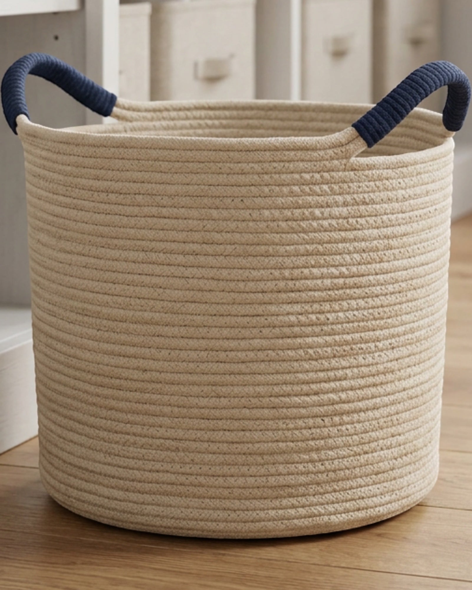 Svena Loomcarry Cotton Rope Storage Basket 16 x 14 in Sand Navy - Lifestyle view